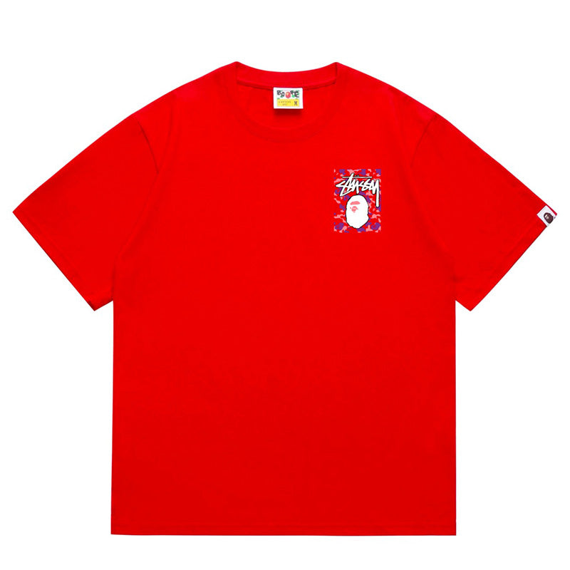 BAPE x Stussy Pink Camo Back Print Men's T-Shirt - Red