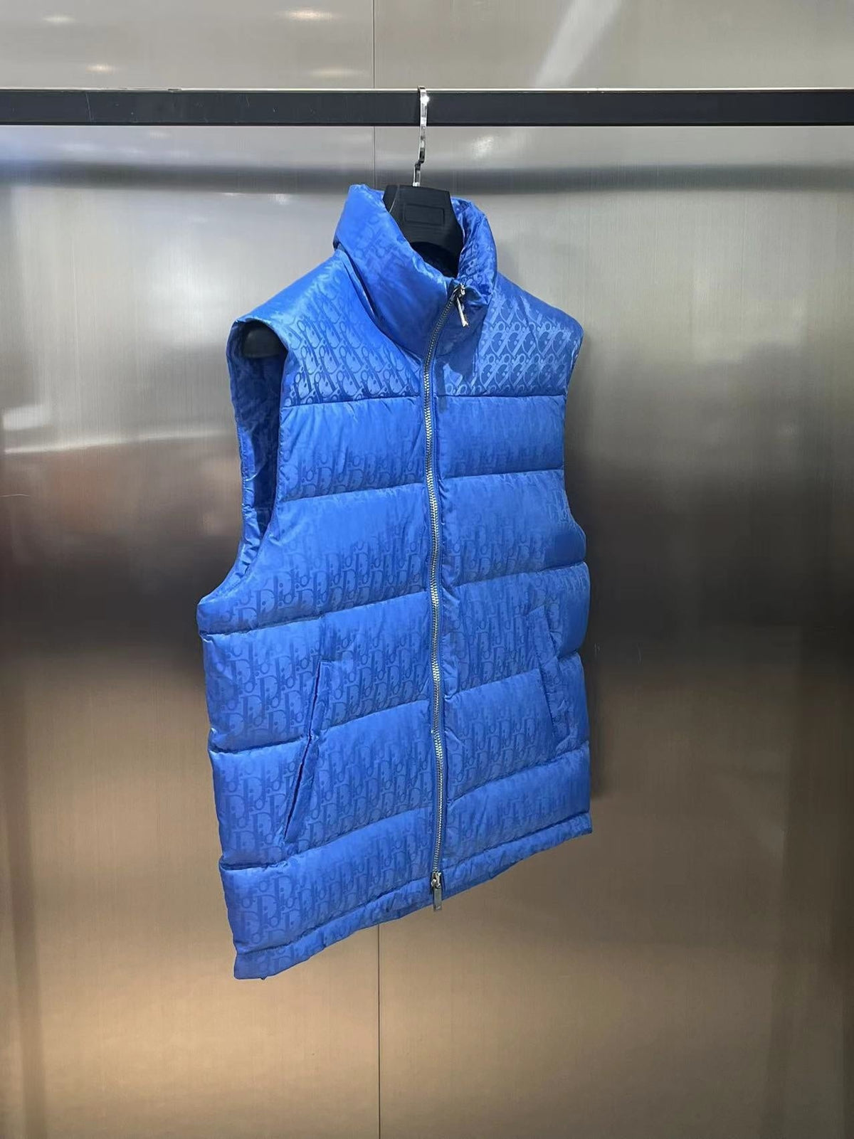 Dior Puffer Vest in Royal Blue with Stand Collar and Tonal Monogram
