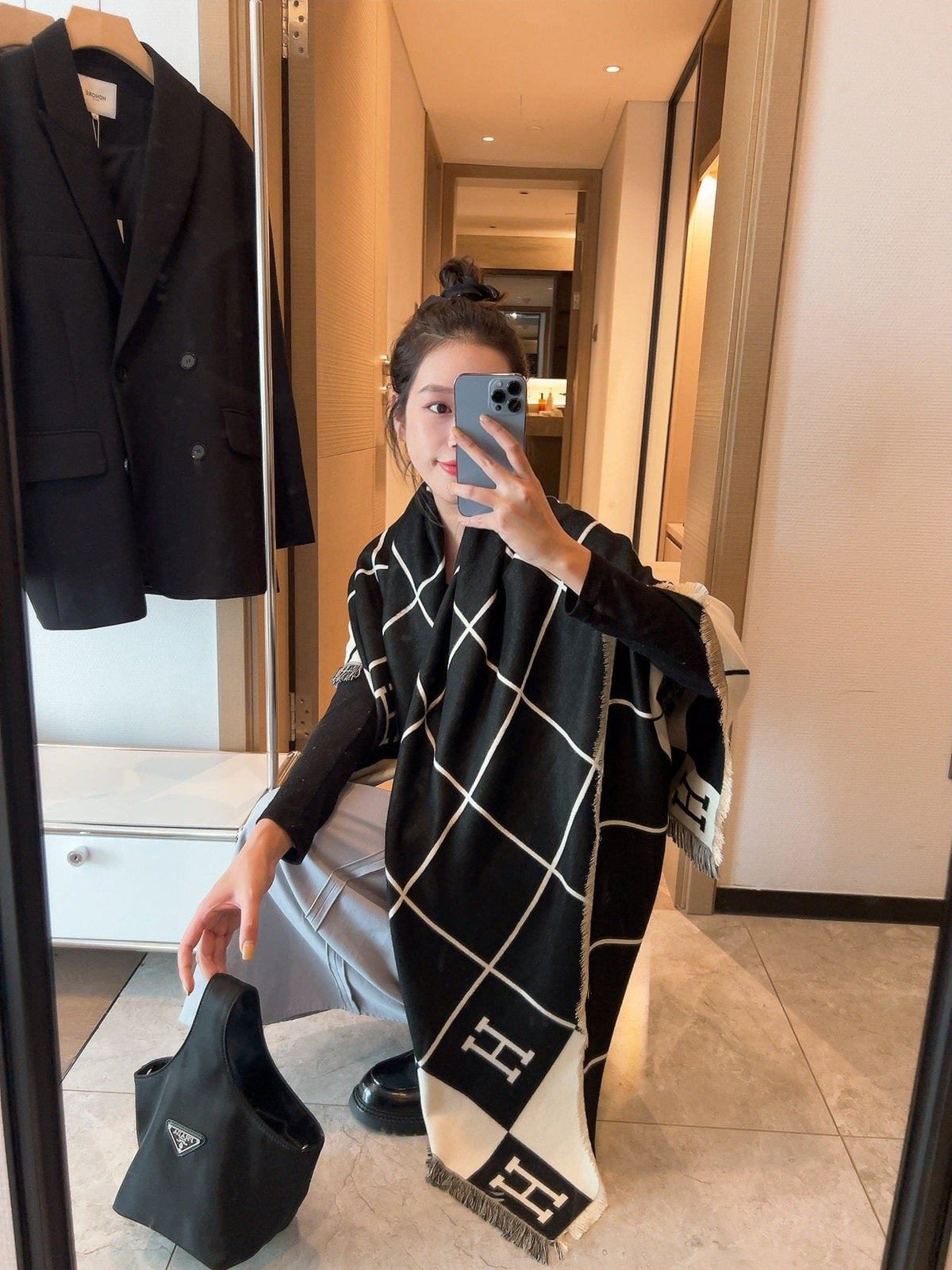 Hermès Black & Cream Grid Square Scarf