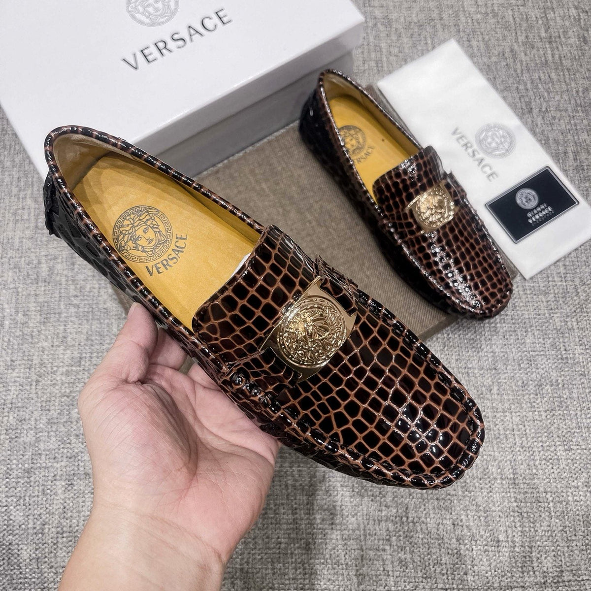 Versace Men's Brown Embossed Medallion Loafers